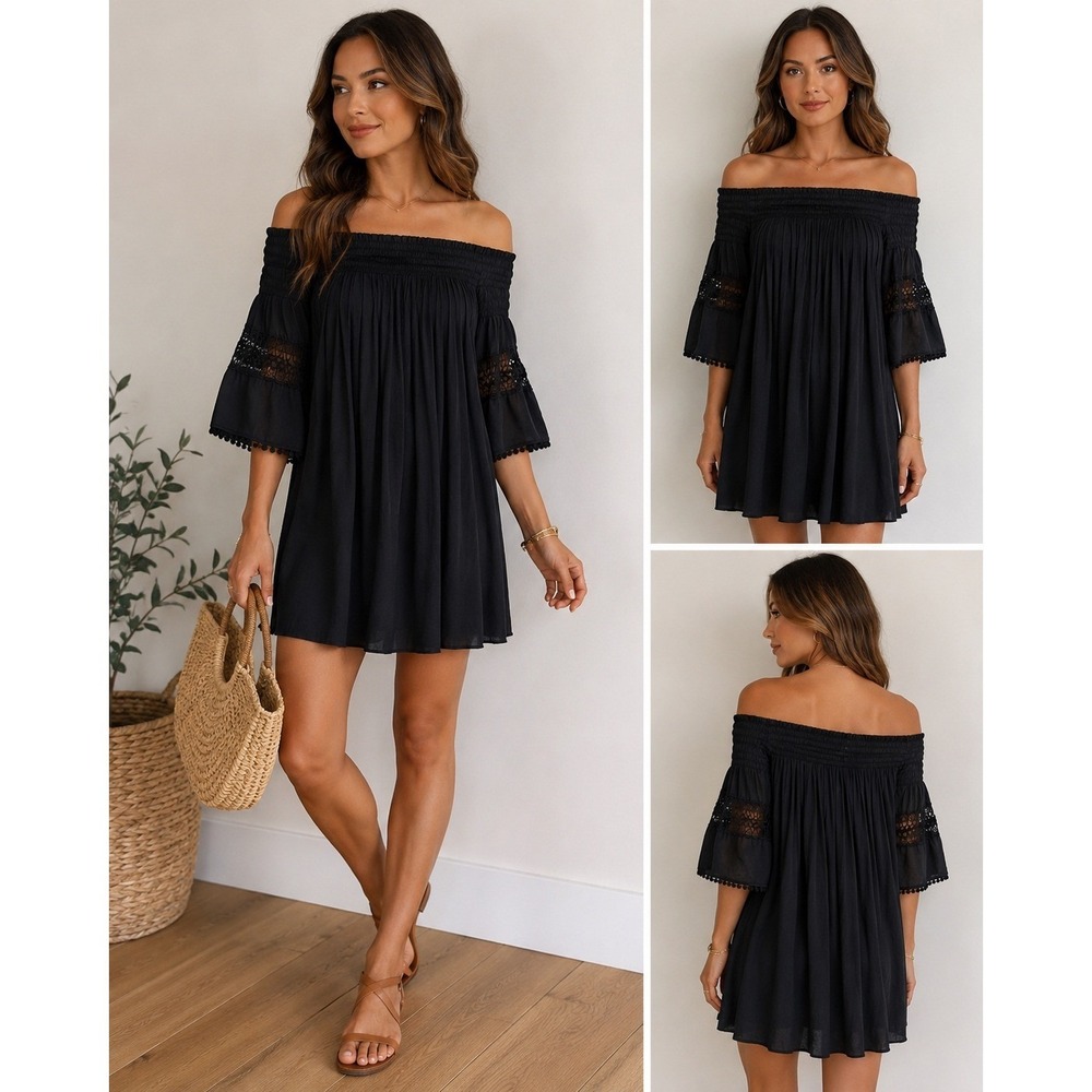Jennifer Lopez Off Shoulder Dress Womens M Black NWT Boho Crochet Bell Sleeve